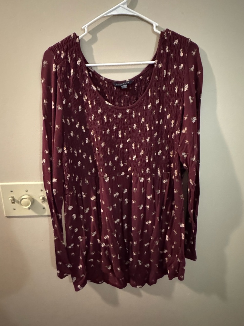 American Eagle Outfitters Burgundy Floral Smocked Tunic